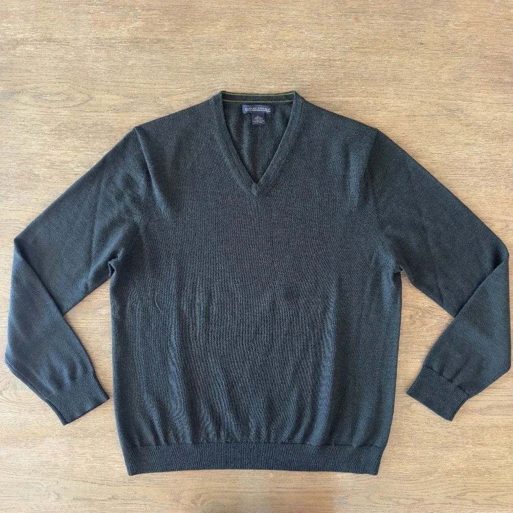 Banana Republic Mens L Extra Fine Italian Merino Wool V-Neck Sweater Gray Green